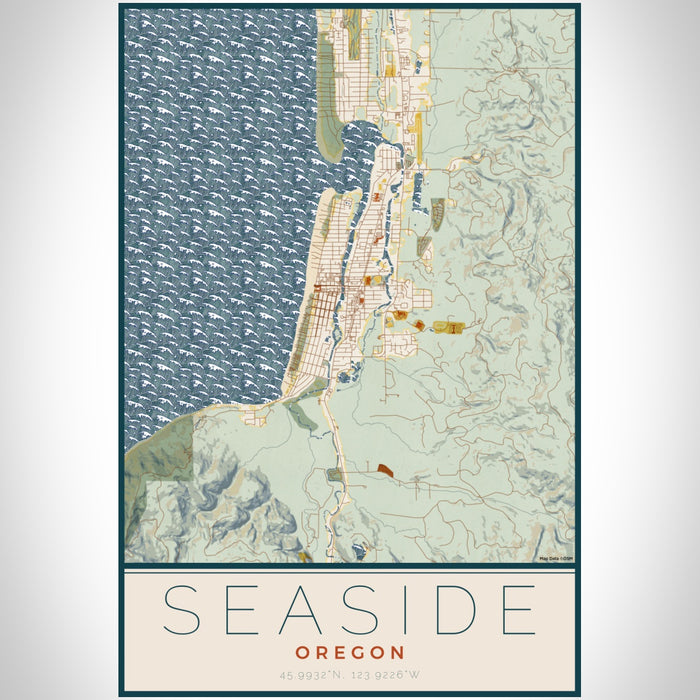 Seaside Oregon Map Print Portrait Orientation in Woodblock Style With Shaded Background