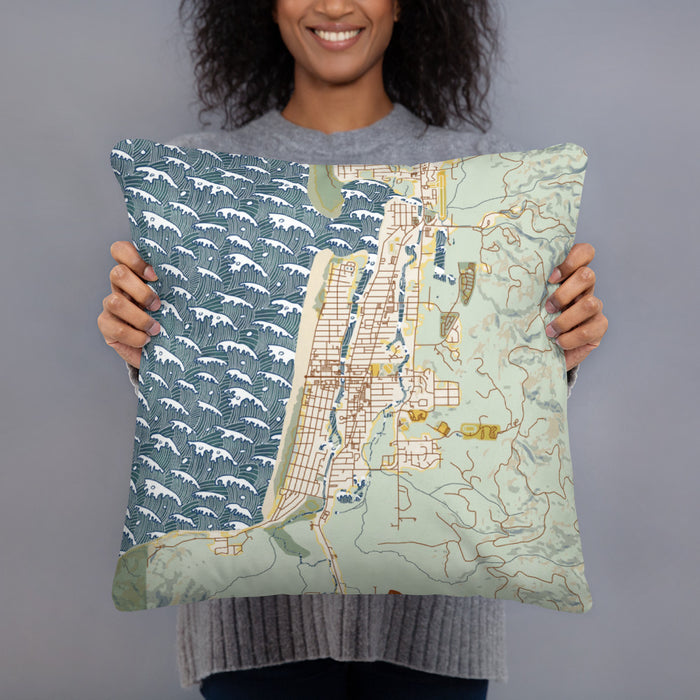 Person holding 18x18 Custom Seaside Oregon Map Throw Pillow in Woodblock