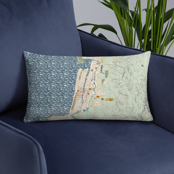 Custom Seaside Oregon Map Throw Pillow in Woodblock on Blue Colored Chair