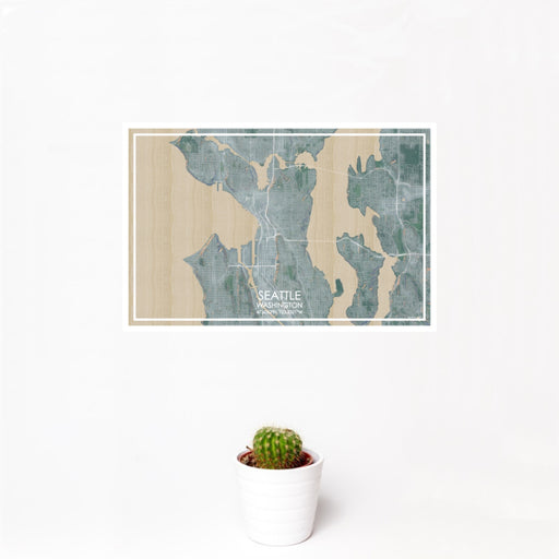 12x18 Seattle Washington Map Print Landscape Orientation in Afternoon Style With Small Cactus Plant in White Planter
