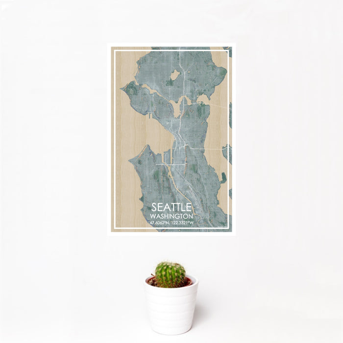 12x18 Seattle Washington Map Print Portrait Orientation in Afternoon Style With Small Cactus Plant in White Planter