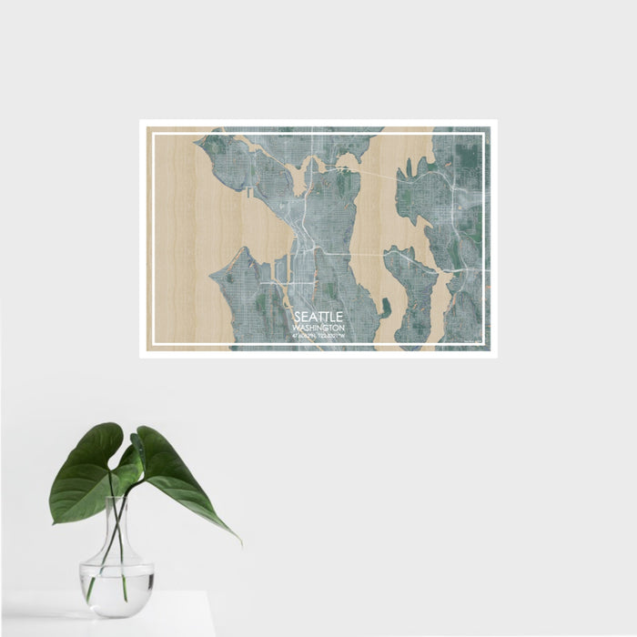 16x24 Seattle Washington Map Print Landscape Orientation in Afternoon Style With Tropical Plant Leaves in Water