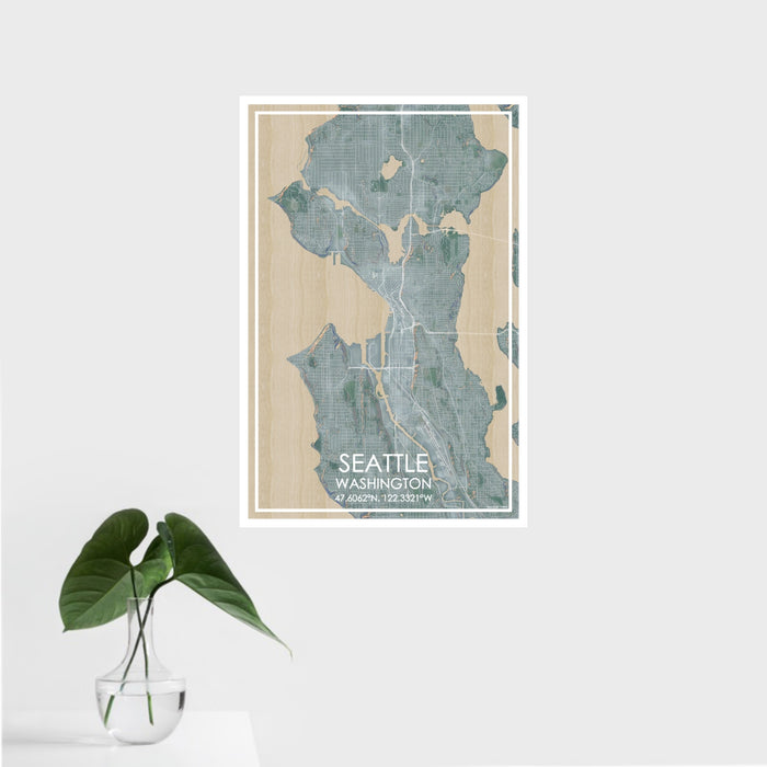 16x24 Seattle Washington Map Print Portrait Orientation in Afternoon Style With Tropical Plant Leaves in Water