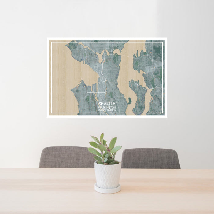 24x36 Seattle Washington Map Print Lanscape Orientation in Afternoon Style Behind 2 Chairs Table and Potted Plant