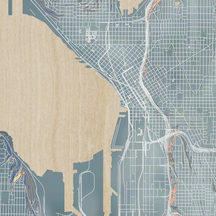 Seattle Washington Map Print in Afternoon Style Zoomed In Close Up Showing Details