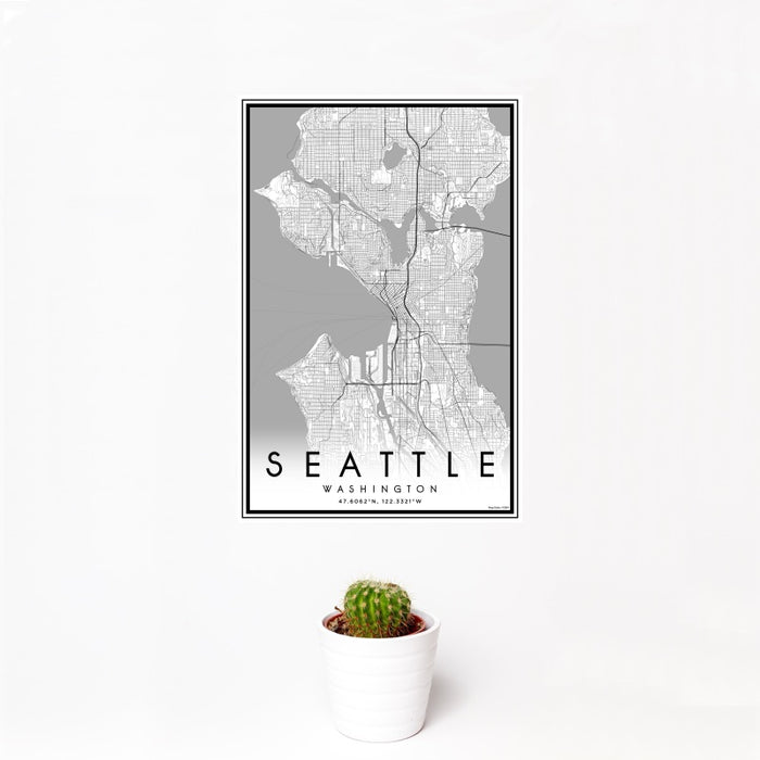 12x18 Seattle Washington Map Print Portrait Orientation in Classic Style With Small Cactus Plant in White Planter