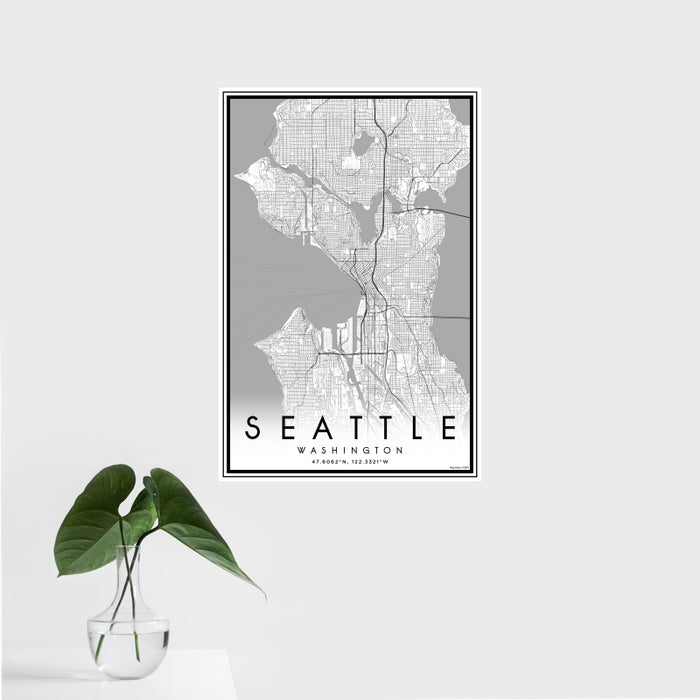 16x24 Seattle Washington Map Print Portrait Orientation in Classic Style With Tropical Plant Leaves in Water