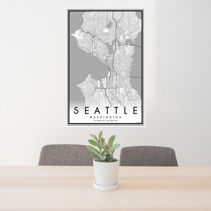 24x36 Seattle Washington Map Print Portrait Orientation in Classic Style Behind 2 Chairs Table and Potted Plant