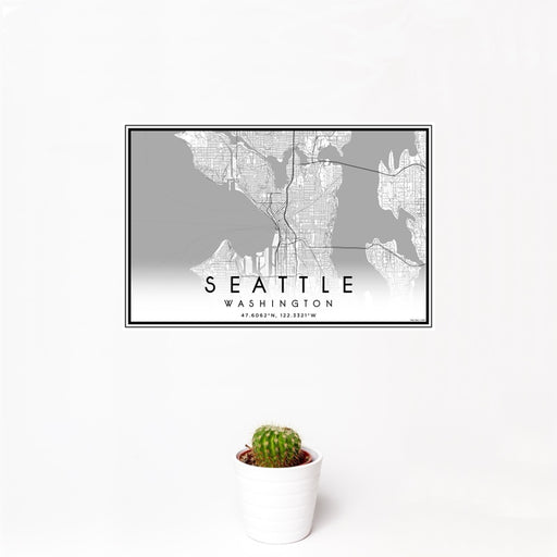 12x18 Seattle Washington Map Print Landscape Orientation in Classic Style With Small Cactus Plant in White Planter