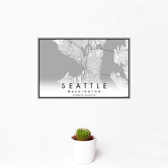 12x18 Seattle Washington Map Print Landscape Orientation in Classic Style With Small Cactus Plant in White Planter