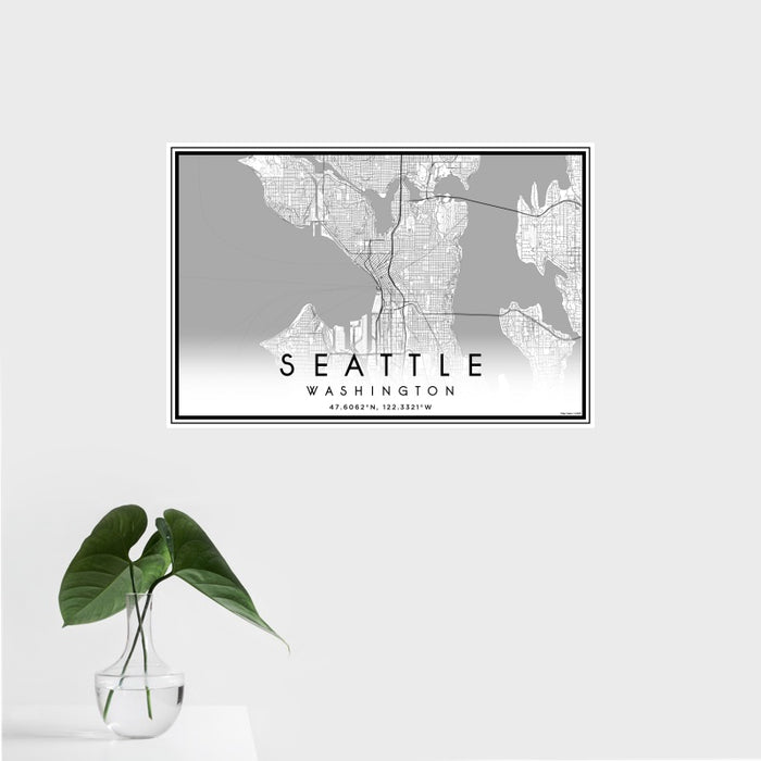16x24 Seattle Washington Map Print Landscape Orientation in Classic Style With Tropical Plant Leaves in Water