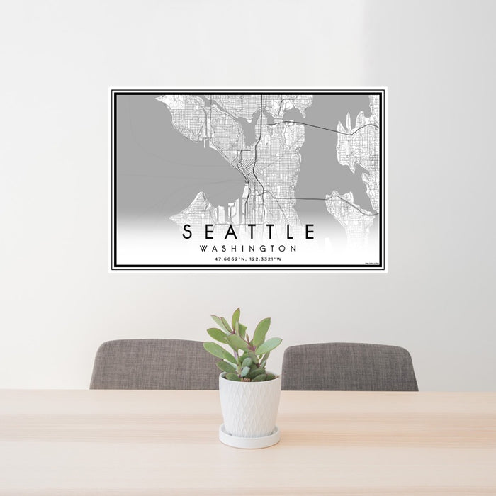 24x36 Seattle Washington Map Print Landscape Orientation in Classic Style Behind 2 Chairs Table and Potted Plant