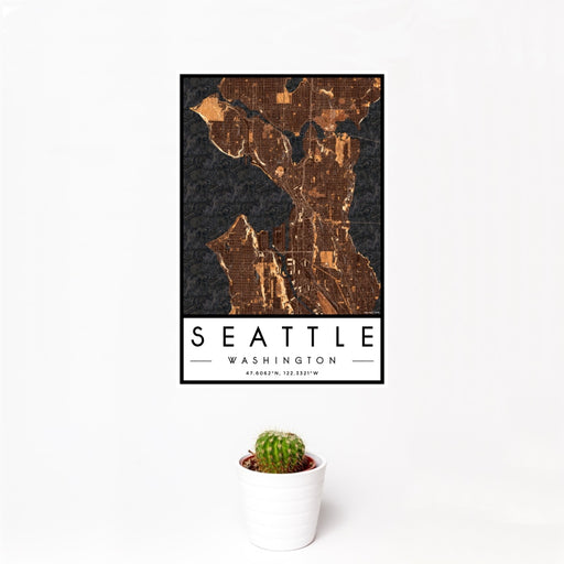 12x18 Seattle Washington Map Print Portrait Orientation in Ember Style With Small Cactus Plant in White Planter