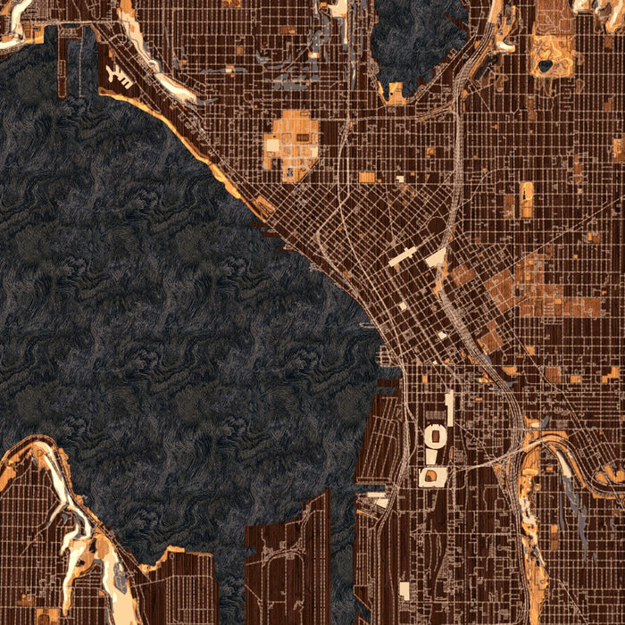 Seattle Washington Map Print in Ember Style Zoomed In Close Up Showing Details