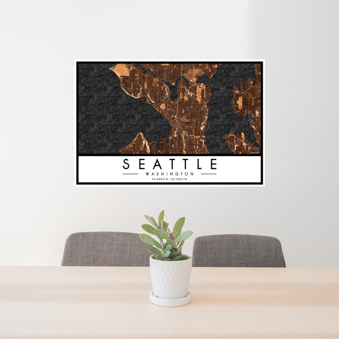 24x36 Seattle Washington Map Print Landscape Orientation in Ember Style Behind 2 Chairs Table and Potted Plant