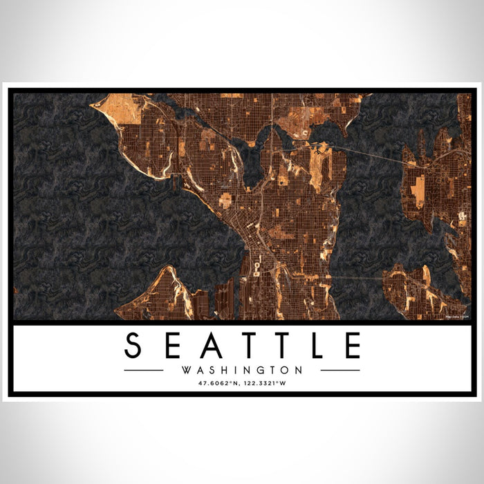 Seattle Washington Map Print Landscape Orientation in Ember Style With Shaded Background