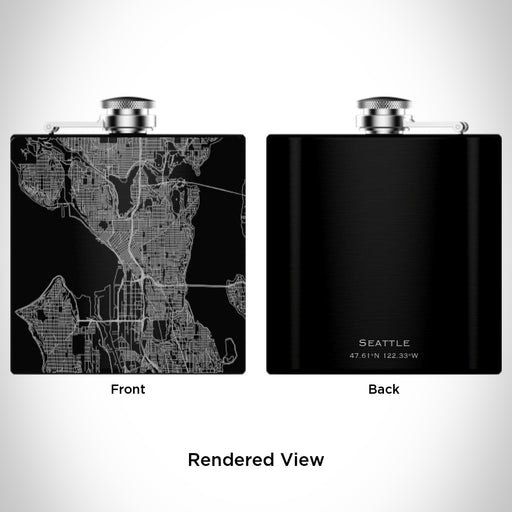 Rendered View of Seattle Washington Map Engraving on 6oz Stainless Steel Flask in Black