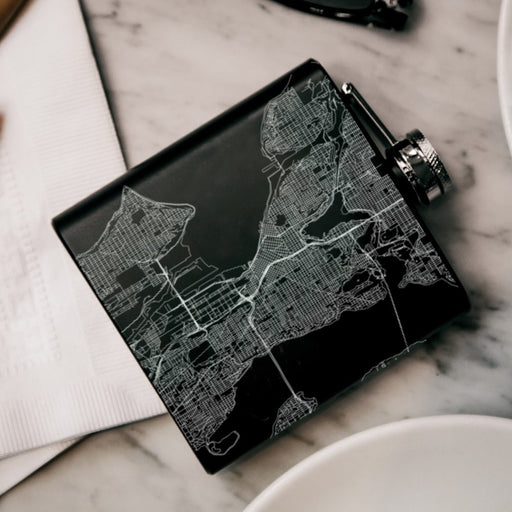 Seattle Washington Custom Engraved City Map Inscription Coordinates on 6oz Stainless Steel Flask in Black