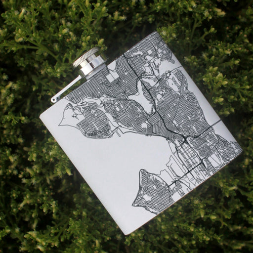 Seattle Washington Custom Engraved City Map Inscription Coordinates on 6oz Stainless Steel Flask in White