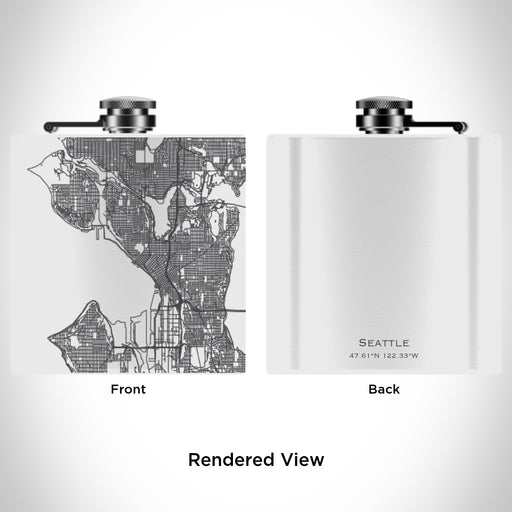 Rendered View of Seattle Washington Map Engraving on 6oz Stainless Steel Flask in White