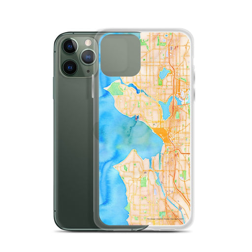 Custom Seattle Washington Map Phone Case in Watercolor on Table with Laptop and Plant