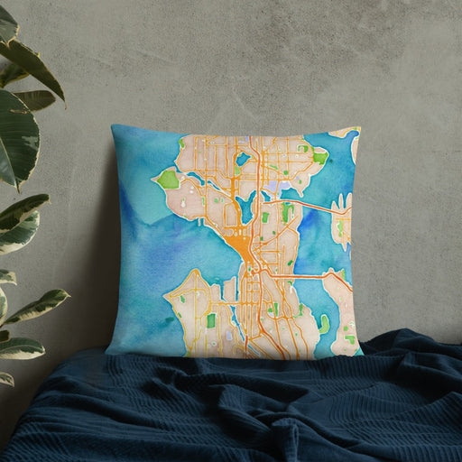 Custom Seattle Washington Map Throw Pillow in Watercolor on Bedding Against Wall