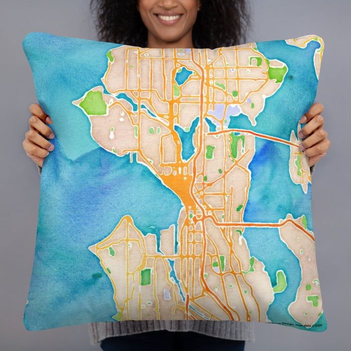 Person holding 22x22 Custom Seattle Washington Map Throw Pillow in Watercolor