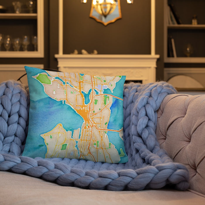 Custom Seattle Washington Map Throw Pillow in Watercolor on Cream Colored Couch