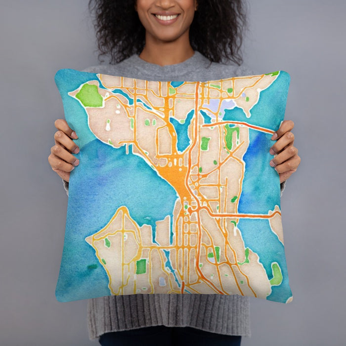 Person holding 18x18 Custom Seattle Washington Map Throw Pillow in Watercolor
