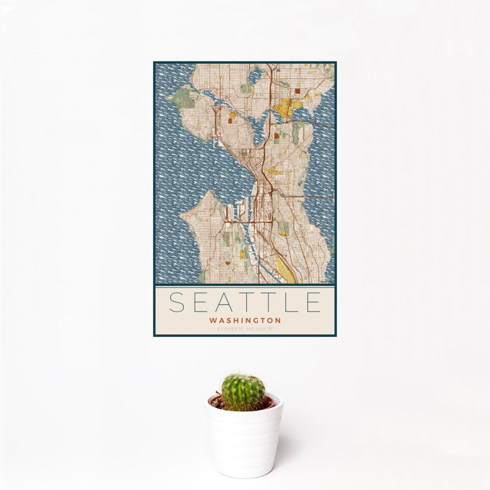12x18 Seattle Washington Map Print Portrait Orientation in Woodblock Style With Small Cactus Plant in White Planter