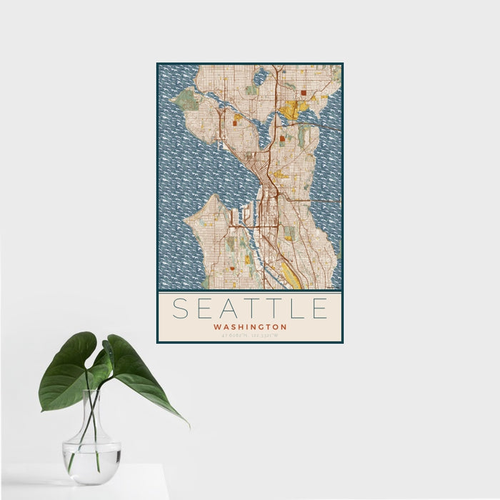 16x24 Seattle Washington Map Print Portrait Orientation in Woodblock Style With Tropical Plant Leaves in Water