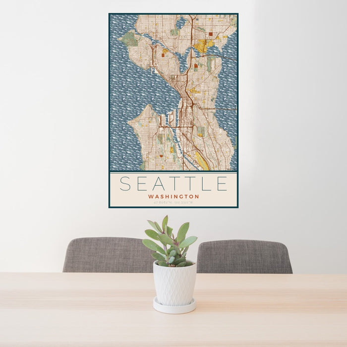 24x36 Seattle Washington Map Print Portrait Orientation in Woodblock Style Behind 2 Chairs Table and Potted Plant