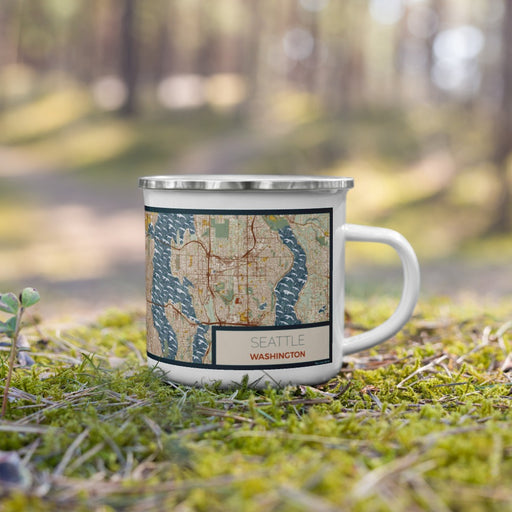 Right View Custom Seattle Washington Map Enamel Mug in Woodblock on Grass With Trees in Background