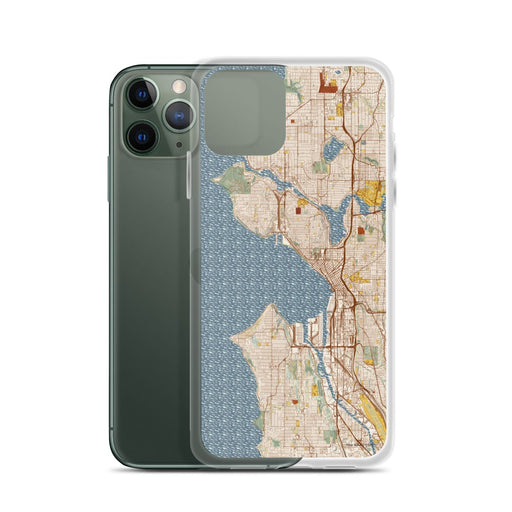 Custom Seattle Washington Map Phone Case in Woodblock on Table with Laptop and Plant