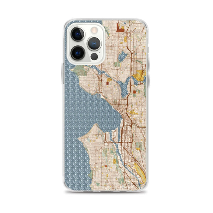 Custom Seattle Washington Map iPhone 12 Pro Max Phone Case in Woodblock