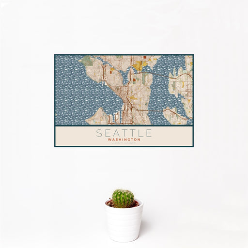 12x18 Seattle Washington Map Print Landscape Orientation in Woodblock Style With Small Cactus Plant in White Planter