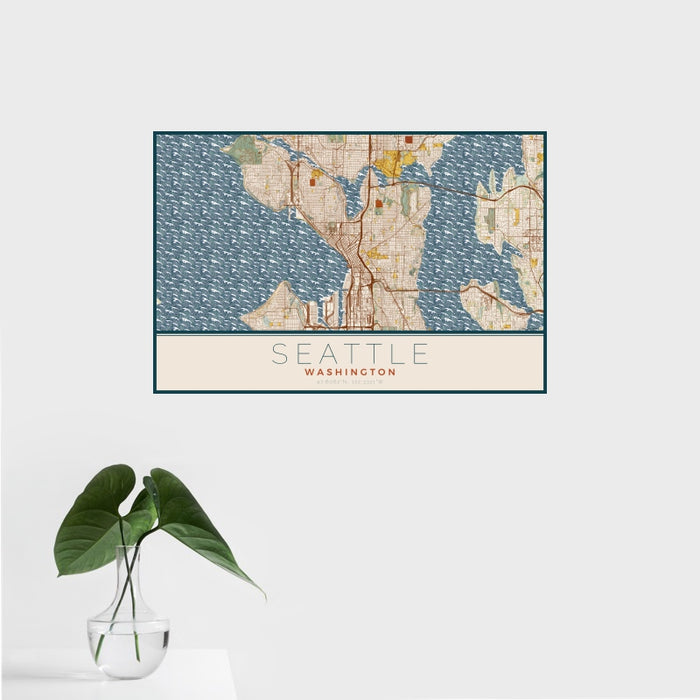 16x24 Seattle Washington Map Print Landscape Orientation in Woodblock Style With Tropical Plant Leaves in Water