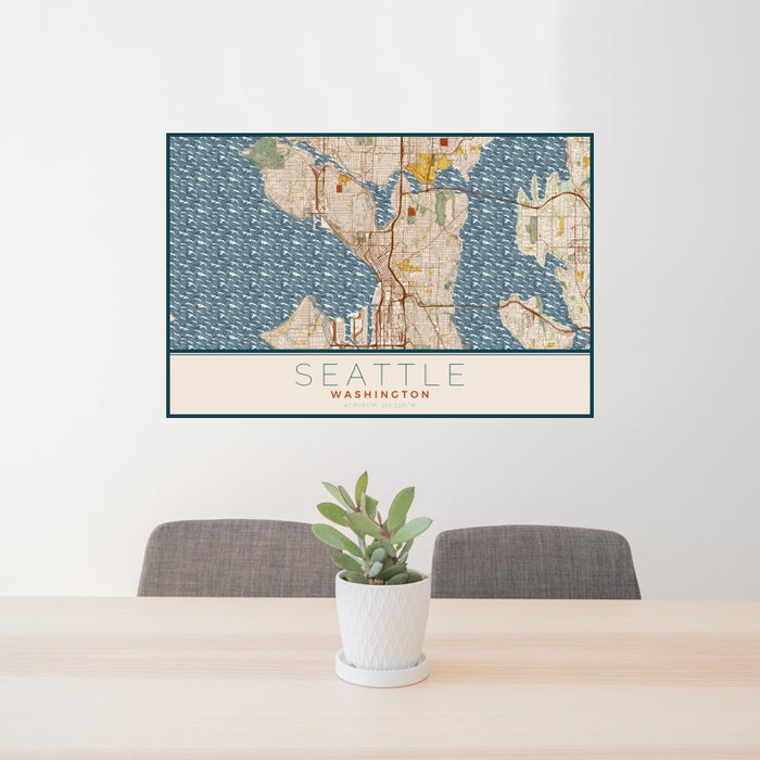 24x36 Seattle Washington Map Print Landscape Orientation in Woodblock Style Behind 2 Chairs Table and Potted Plant