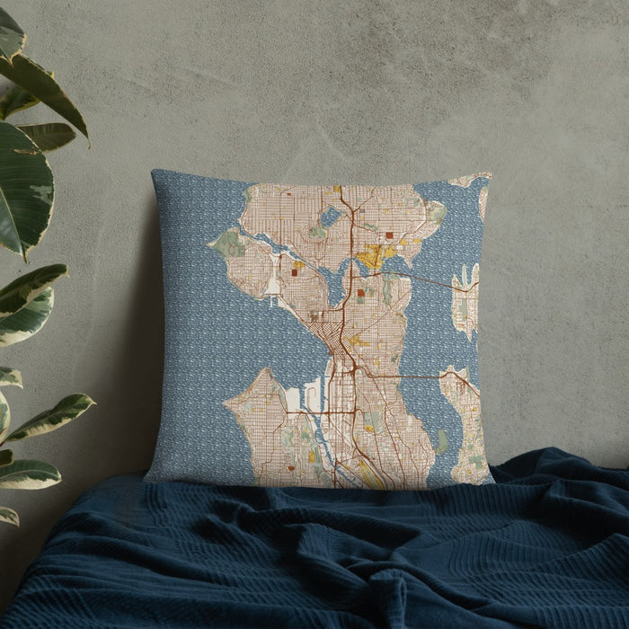 Custom Seattle Washington Map Throw Pillow in Woodblock on Bedding Against Wall