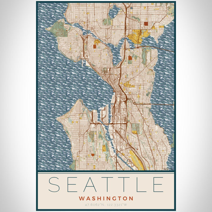Seattle Washington Map Print Portrait Orientation in Woodblock Style With Shaded Background