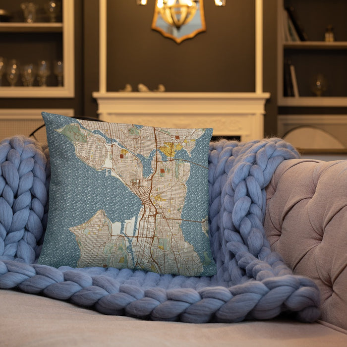 Custom Seattle Washington Map Throw Pillow in Woodblock on Cream Colored Couch