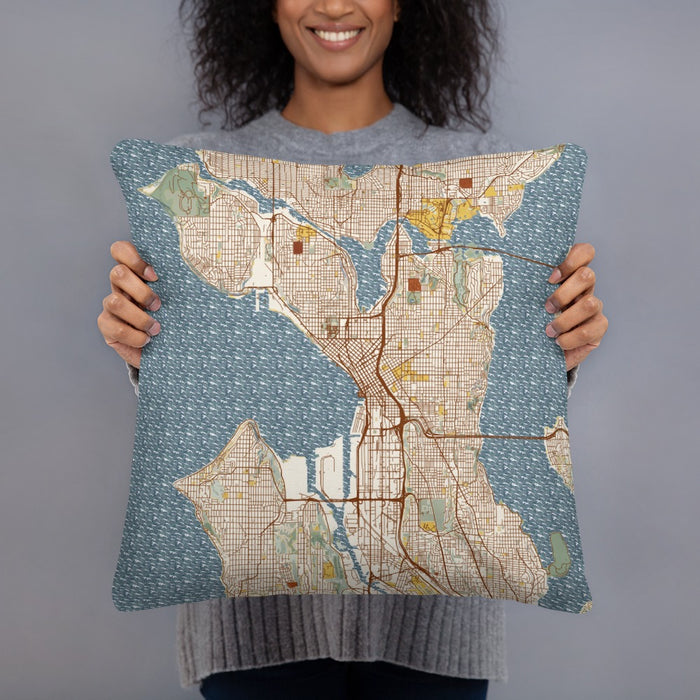Person holding 18x18 Custom Seattle Washington Map Throw Pillow in Woodblock