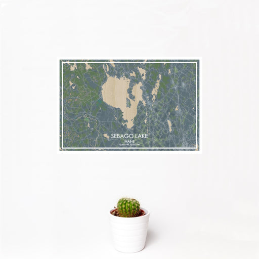 12x18 Sebago Lake Maine Map Print Landscape Orientation in Afternoon Style With Small Cactus Plant in White Planter