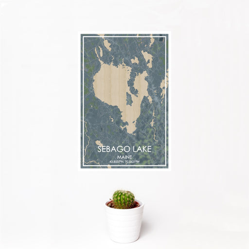12x18 Sebago Lake Maine Map Print Portrait Orientation in Afternoon Style With Small Cactus Plant in White Planter