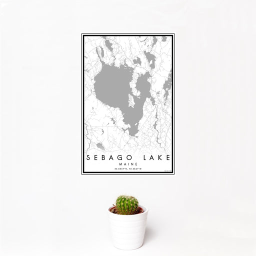 12x18 Sebago Lake Maine Map Print Portrait Orientation in Classic Style With Small Cactus Plant in White Planter