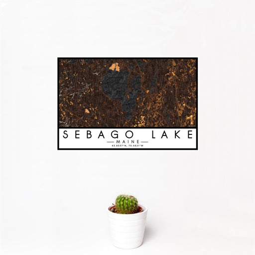 12x18 Sebago Lake Maine Map Print Landscape Orientation in Ember Style With Small Cactus Plant in White Planter