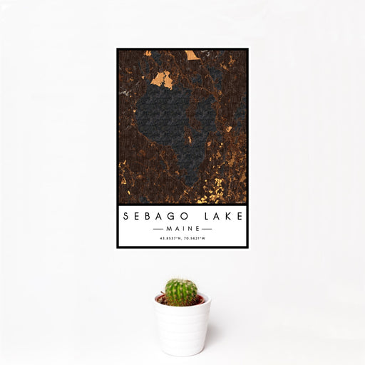 12x18 Sebago Lake Maine Map Print Portrait Orientation in Ember Style With Small Cactus Plant in White Planter
