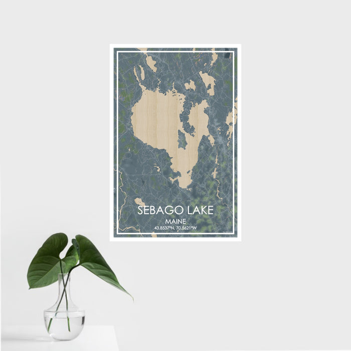 16x24 Sebago Lake Maine Map Print Portrait Orientation in Afternoon Style With Tropical Plant Leaves in Water
