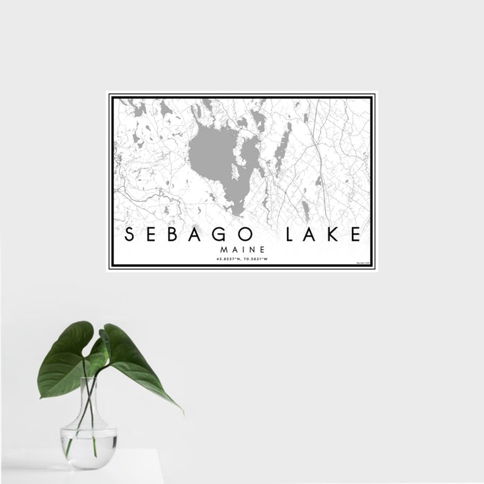 16x24 Sebago Lake Maine Map Print Landscape Orientation in Classic Style With Tropical Plant Leaves in Water
