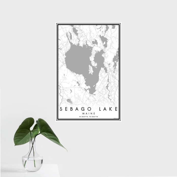 16x24 Sebago Lake Maine Map Print Portrait Orientation in Classic Style With Tropical Plant Leaves in Water